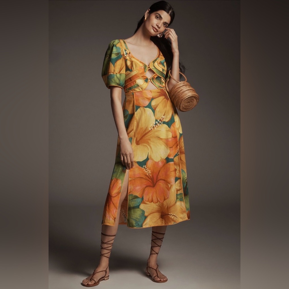 NWT Farm Rio x Anthropologie Linen Blend Short-Sleeve Cutout Printed Midi Dress